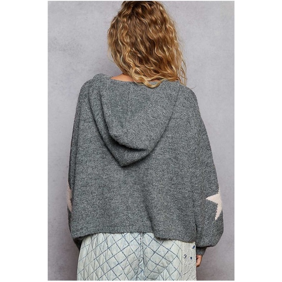 POL Heather Grey Star Print Studded Hoodie Sweater Top - Picture 3 of 4